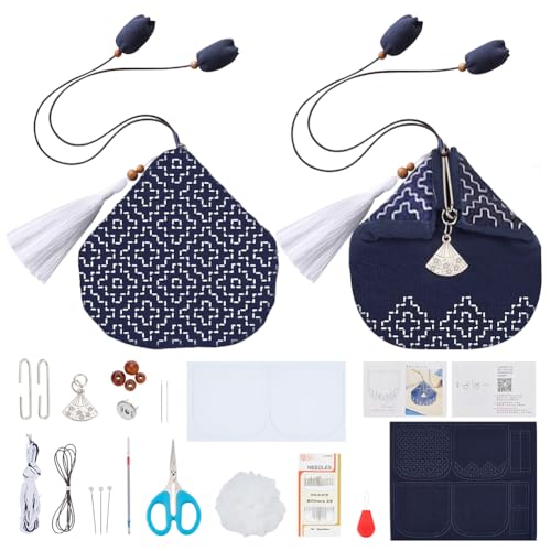 ACRNIGHEET Sashiko Coin Purse Kit Beginner Persimmon Blossom Embroidery Kit with Printed Sashiko Fabric Coin Purse Kit with Instructions Sashiko Kit for Beginners Traditional Japanese Sashiko DIY Kit