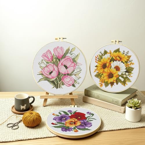 TCDZMYGS 3 Pack Flower Cross Stitch Kits for Beginners,with Hoop 8x8in - color: MY013-MY014-MY015