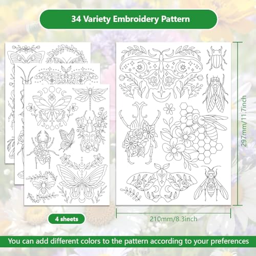 ORIGACH 4 Sheets Water Soluble Embroidery Patterns Stabilizers - Pre-Printed Moth Insect & Flower Designs - Stick & Stitch Embroidery Paper for Hand Sewing Lovers - color: Moth Insect & Flower