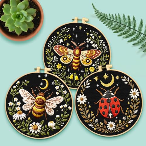 ERKOON Embroidery Kit for Adults, 5 Sets Flower Cross Stitch Set for Beginners Include Embroidery Cloth Hoops Threads for Craft Lover Hand Stitch with Skill Techniques (Starry Night) - color: Starry Night
