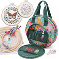 Round Embroidery Project Bag, Tote for Hoops, Floss&Sewing Supplies - color: Green Floral
