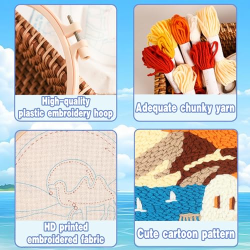 Sunset Seaside Punch Needle Kit for Beginners, Crochet Kit for Adult, All-in-One DIY Craft Set with Pre-Printed Fabric, Embroidery Hoop, Threads, Tools, Ideal Craft Gift, Home Decor - color: SUN-SET