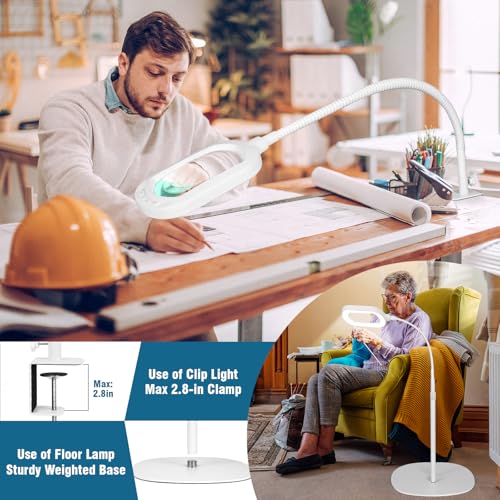 Large Magnifying Glass with Light and Stand, 15X Rectangle Optical Real Glass Lens, Height Adjustable Gooseneck Magnifier Floor Lamp, 5 Color Modes LED Dimmable Lighted Hands Free for Crafts - White - color: White