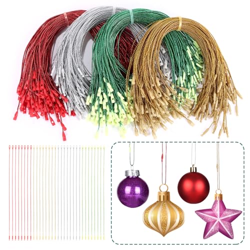 GWHOLE 400Pcs Christmas Ornament Hooks, Chrsitmas Ornament Hangers String with Snap Fastener for Hanging Christmas Ornaments Crafts Gift Tag (Gold, Silver, Red, Green)