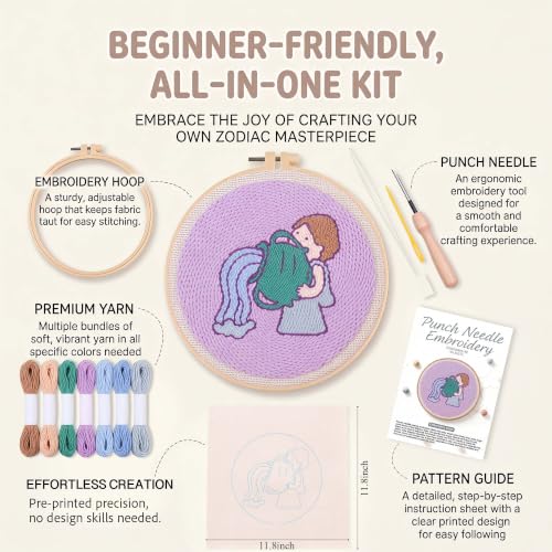 Harimau Punch Needle Kit Twelve Zodiac Signs Pattern,1Pc Embroidery Hoop, Essential Punch Needle Supplies,Ideal Punch Art for Beginners,DIY Adults Embroidery, Video Teaching - color: 65273