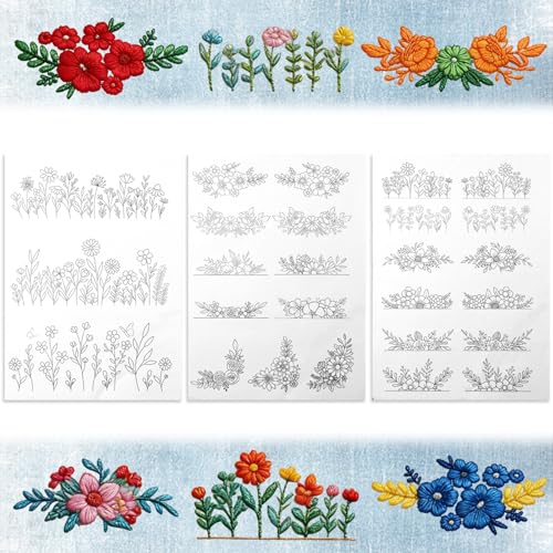 3 Sheets Water Soluble Embroidery Stabilizer, Water Soluble Stabilizer Stick and Stitch Embroidery-Paper Designs Transfer Paper with Pre-Printed Flower and Leaf for Hand Sewing for Embroidery Patterns