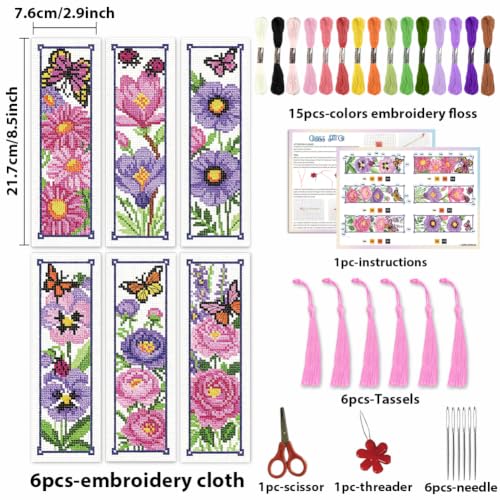 ACRNIGHEET 6PCS Cross Stitch Bookmark Kit for Beginner Stamped Cross Stitch Kits for Adults Floral DIY Tassel Embroidery Bookmark Kits Needlepoint Kit with Instructions Craft Gift 8.5''x3'' 11CT - style: Floral Butterfly with Tassel