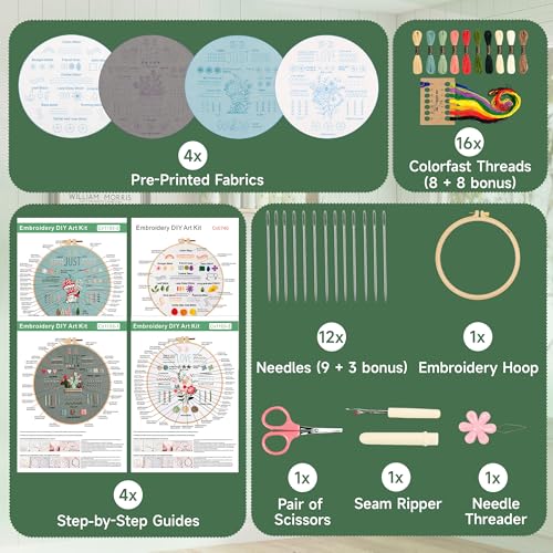 Bofoho 4 Pack Starter Embroidery Kit for Beginners with Simple Patterns - color: 4 Pack