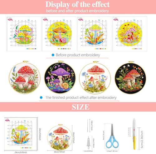 Zhenqing 4 Mushroom Cross Stitch Kit, 11CT Printed Fabric with Hoop - color: 4 mushroom kit