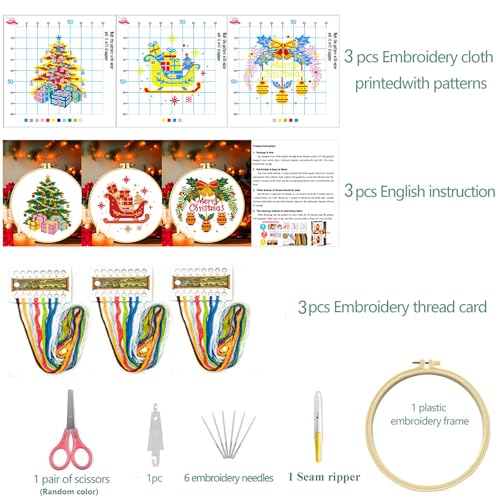 Zhenqing Stamped Cross Stitch Kits for Adults Beginners, Christmas Cross Stitch Kit, 3 Pack Holiday Needlepoint Craft Set with Printed Pattern Fabric, Christmas Tree, Sleigh and Wreath Designs - style: Christmas