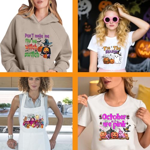 4 Sheet Halloween Iron on Transfers Stickers Cute Ghost Theme Iron on Patches Spider Pumpkin Witch Design Washable Heat Transfer Vinyl Decals for Clothes Bag Pillow Covers Fabric DIY Craft Supply - color: H