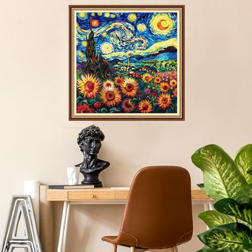 Fanxvivy Stamped Counted Cross Stitch Kits for Adults Printed Cross-Stitch Patterns 11CT Stamped or Counted Cross Stitching Embroidery Kit Needlepoint Kits-Van Gogh Starry Sky Sunflower 18x18 inch - color: Artkits11