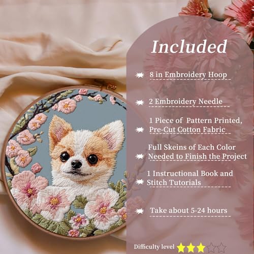 FONNUY Chihuahua Dog Floral Embroidery Kit, Cross Stitch Kits for Beginners, Handmade Crafts with Printed Patterns for Beginner Adults, Easy to Follow Color Thread Needlework, 8'' Hoop (Petite Dog) - color: Petite Dog