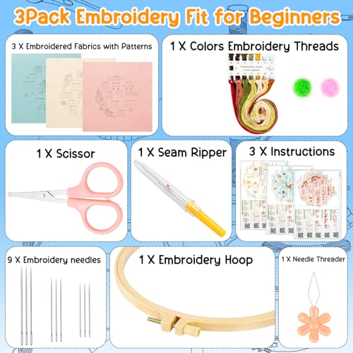 Ponpon 3 Sets Embroidery Kit for Beginners, Embroidery Kit for Adults with Follow Instruction, Cross Stitch Kits with Wooden Embroidery Hoops (Stlye B) - style: Stlye B