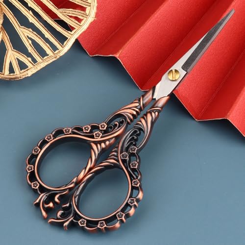 Jasni Pretty Embroidery Scissors 5 Inch Small Sewing Crafting Stainless Steel Vintage peach blossom handle for DIY tools Craft Tailor Threading Shears 2 Packs with cover (Red bronze and Color) - color: Red Bronze and Color