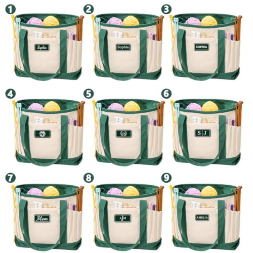Personalized Crochet Bag with Custom Leather Patch or Embroidered Name, Canvas Knitting Tote for Yarn Storage, Crochet Organizer with Multiple Pockets, Custom Gift for Crocheters & Knitters - color: Nature-Green, size: Make it Personal