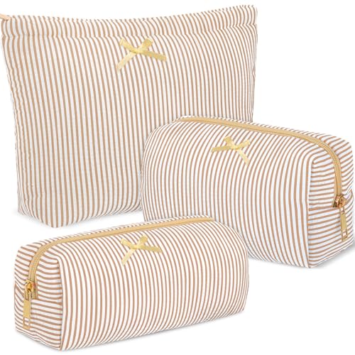 Sanwuta 3 Pcs Seersucker Pouch Cosmetic Bag Set,Khaki - color: Khaki
