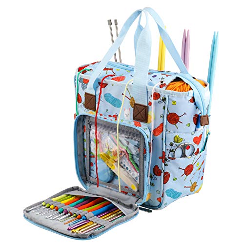 crochet bag,knitting bagBackpack and Tote Bag Storage Bag ，Large capacityYarn Storage Organizer Travel Crochet Bag Women Carrying Crochet Accessories Knitting Needles Crochet - color: BULE SQUARE BAG