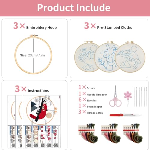 3 Packs Embroidery Kit for Adults, Embroidery for Beginners (Animal-2) - color: Animal-2
