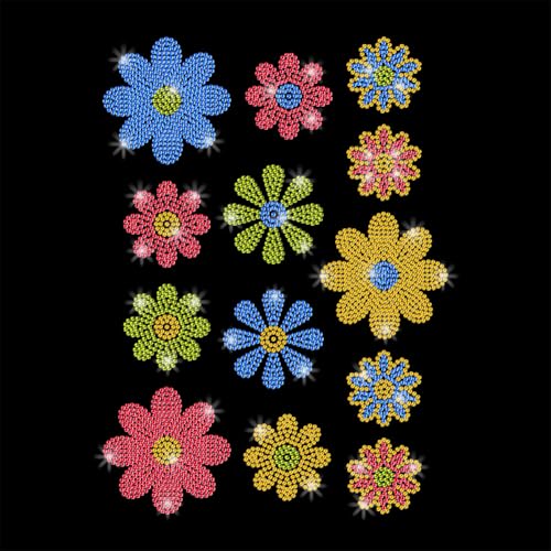 13 Pcs Multicolor Daisy Rhinestone Iron on Hotfix Transfer Decal, Bling DIY Patch Clothing Repair Applique T-Shirt Vest Shoes Hat Jacket Decor Clothing DIY Accessories - style: Multicolor Daisy
