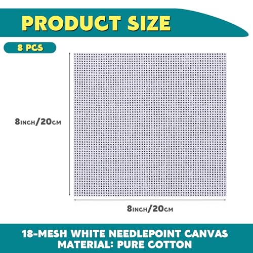 Knitgrip 8 Pack 8 x 8 Inches Needlepoint Canvas 18 Mesh Blank White Canvas Pure Cotton Needlepoint Mesh Twist Interlock for Embroidery DIY Knit Crochet Projects Make Dividers - size: 8 x 8 Inches