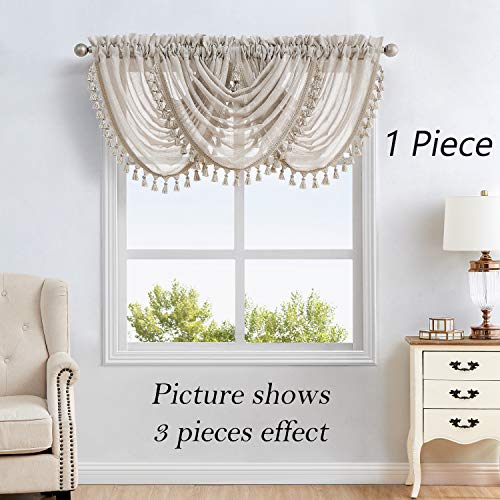 Linen Waterfall Valance with White GEO Embroidery Semi Sheer, 56"x38"x1 - color: Linen (Embroidered), size: 56"W x 38"L (Pack of 1)