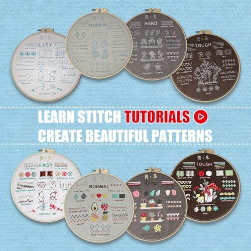 Emmanoth 5-Pack Beginner Embroidery Kit, Pre-Stamped Floral Patterns with Step-by-Step Embroidery Book HD Video, Adjustable Hoop, Colorfast Threads, 10 Needles & Tools, DIY Craft Gift for Adults Teens