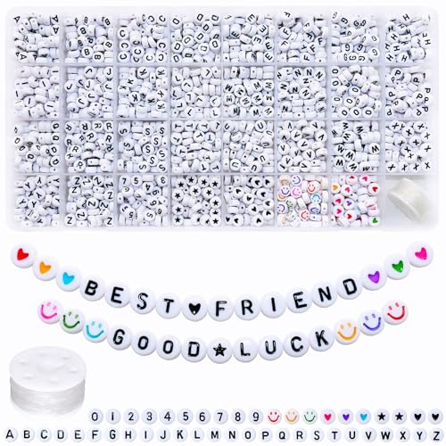 Amaney 1600pcs Acrylic Alpabet Letter Beads,31 Styles,Heart,Number,Star and Smiley Beads,4x7mm for Jewelry Making Bracelets Necklaces Key Chains - color: White&Heart, size: 7x4mm