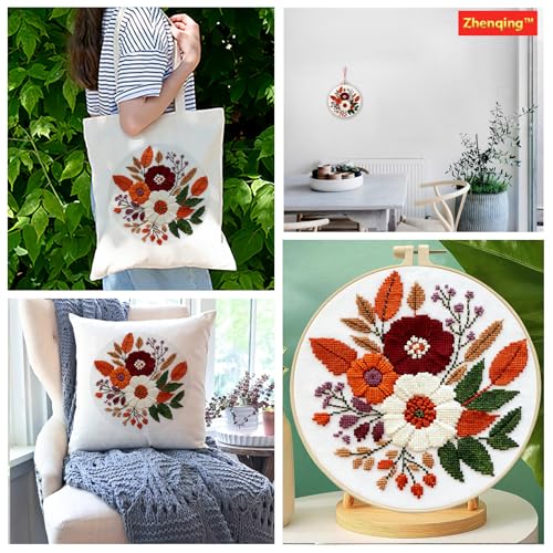 Zhenqing Floral Bouquet Cross Stitch Kit for Beginners - Complete Set with Pre-Printed 11CT 24x24cm Fabric, Hoop & Threads (68993) - color: 68993