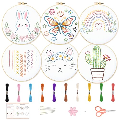 BEUNITONE 6Pcs Easy Embroidery Kit for Adults Beginners, Simple Cross Stitch Starter Set for Beginners, Cute Animal Rainbow Butterfly DIY Craft Activity for Home Decor and Festival Gifts 20x20cm - style: Stick Figure