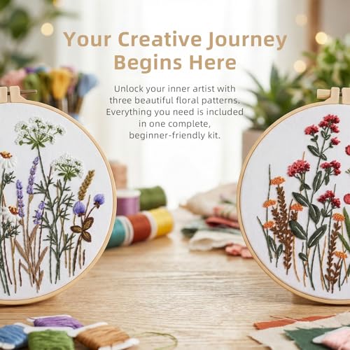 Herdiese Embroidery Kit for Beginners with 3 Floral Patterns - color: Flower-B (3 Pack)