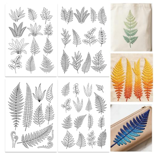 ORIGACH 4 Sheets Water Soluble Embroidery Patterns Stabilizers - Pre-Printed Fern & Leaves Plant Designs - Stick & Stitch Embroidery Paper for Hand Sewing Lovers - color: Fern & Leaves Plant
