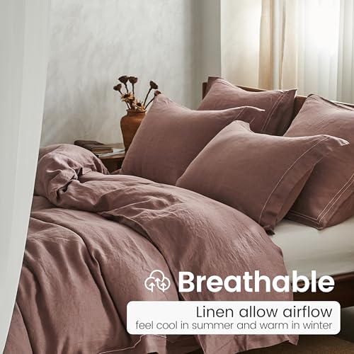 Simple&Opulence 100% French Linen Pillowcases with Embroidery – Pack of 2, Washed Solid Color Natural Flax, Soft & Breathable - Purple, 20'' x 26'' - color: Purple, size: Queen
