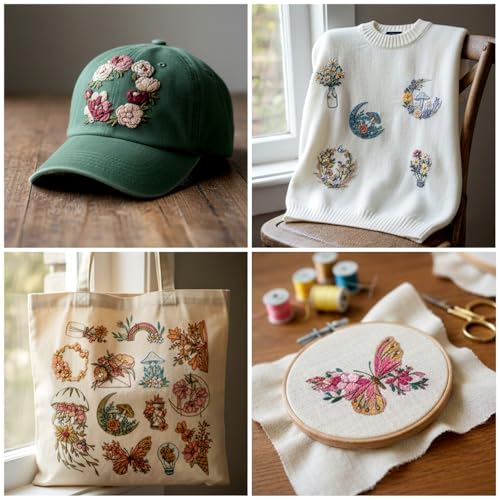ElevateTech Embroidery Patterns Water Soluble Stabilizer for Embroidery Stick & Stitch Embroidery-Paper Wash Away Stabilizers with Pre-Printed Flower Leaves Plant Patterns for Hand Sewing, 4 Sheets