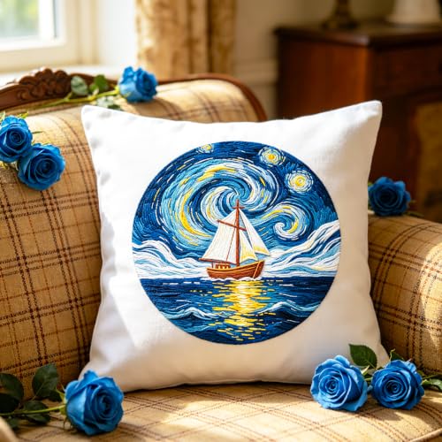 BEUNITONE 4pcs Embroidery Kit, Starry Sky & Beach Stamped Embroidery Kits with Hoop, Thread & Needles, Cross Stitch Kits Sewing Gifts for Adults and Beginners, DIY Craft for Relaxation - style: C-Starry Sky Scenery