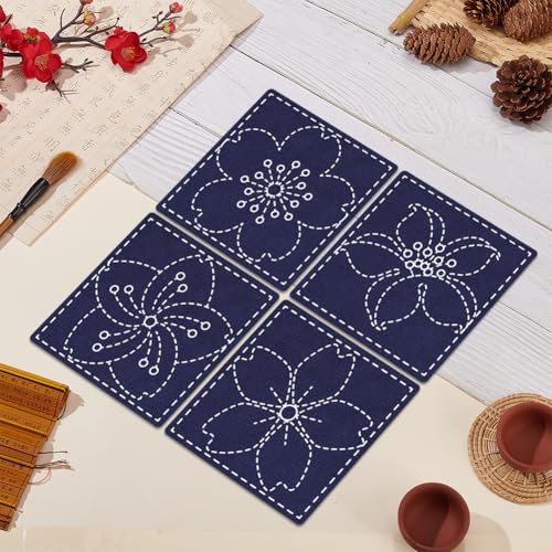 FREEBLOSS 4 Set Sashiko Coasters DIY Kit with Instructions Cherry Blossom