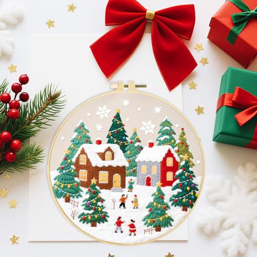 ORIGACH 4 Pcs Christmas Winter Town Embroidery Kit for Beginner - style: Christmas