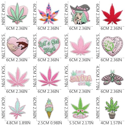 16pcs Pink Iron/Sew on Patches, Sativa Embroidered Applique, DIY Decoration for Clothes, Hat, Bag, Jeans, Dress, Shirt - color: 16pcs Sativa
