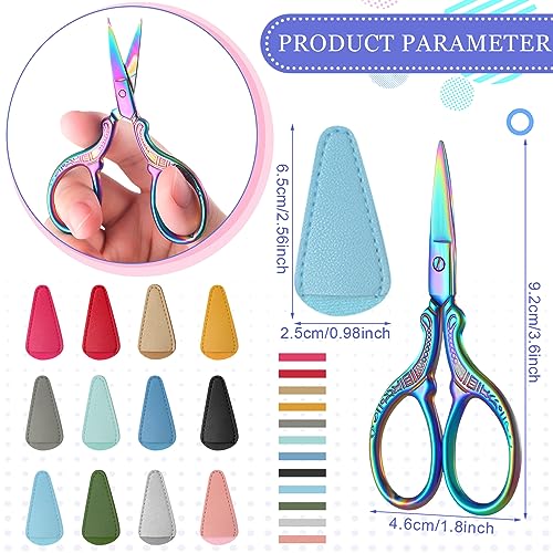 Therwen 12 Pcs 3.6 Inch Embroidery Scissors with Artificial Leather Cover Sewing Scissors Stainless Steel Vintage Craft for Crafting Threading DIY Needlework Art Manual Handicraft - style: Stylish