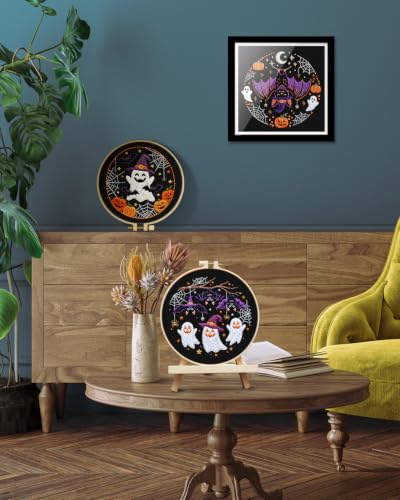 TINDTOP Halloween Embroidery Kit for Adult, 3 Pack Embroidery DIY Starter Kit, with Stamped Patterns, Hoop, Tools, Colorful Threads with Needles, Instructions - color: Halloween A