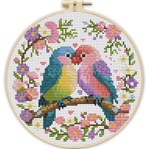 Stamped Cross Stitch Kits for Beginners Adults-Parrot,with Embroidery Hoop - color: Bird-2605