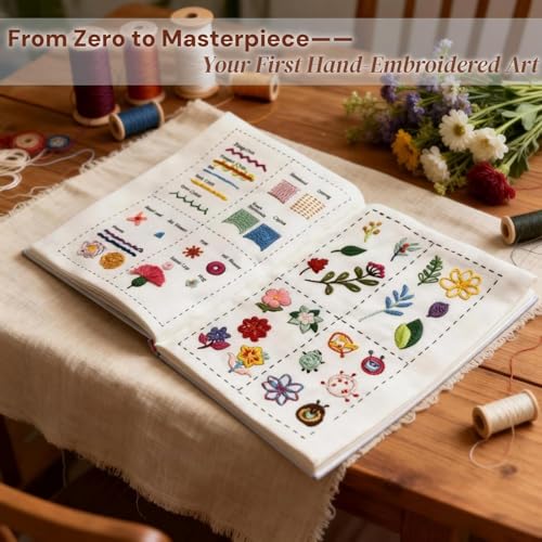 ZFBDMC Embroidery Stitch Book, 2026 Upgraded Portable DIY Embroidery Kit for Beginners with Linen, 99-Piece Complete Needle & Thread Set, Step-by-Step Video Instructions, Craft Gift for Adults