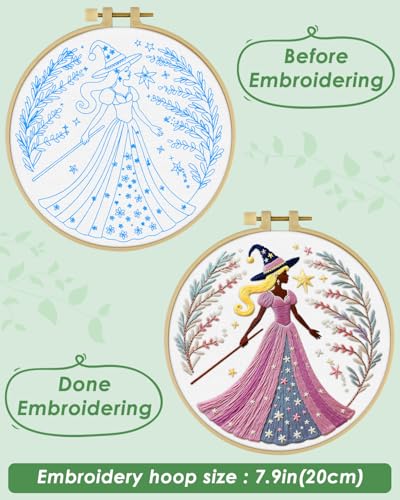 ERKOON Embroidery Kit for Beginners Adult, Cross Stitch Set Include Embroidery Cloth Hoops Threads for Craft Lover Hand Stitch with Embroidery Skill Techniques (Brown Witch) - color: Brown Witch