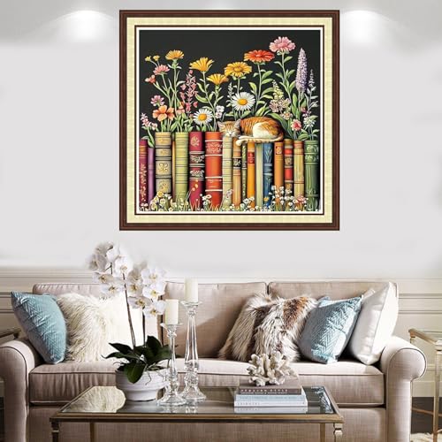 Findvoor Counted Cross Stitch Kits for Adults Full Range of Cross Stitching Embroidery Unprinted Pattern for Beginners, 11CT Needlepoint Kit Patterns Embroidery Kits-Books, Cats, Flowers 18x18 inch - color: ColorCraft26