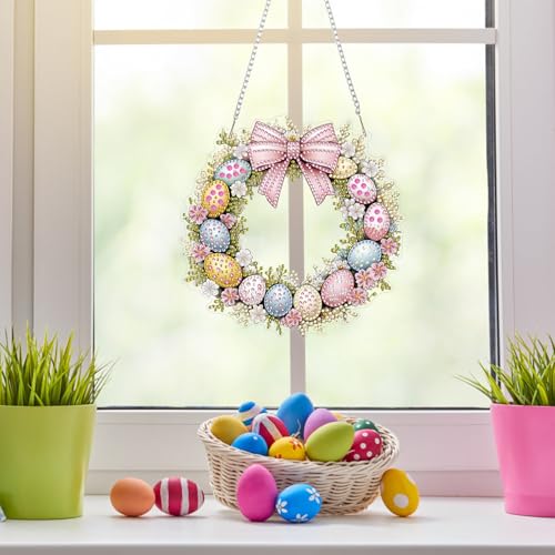 NAIMOER Easter Egg Wreath Diamond Art Hanging Kits for Adults, 5D Special Shaped Rhinestone, DIY Spring Diamond Art Painting Window Pendants Home Garden Wall Hanging Ornament Kits, Double Sided - color: Easter 08