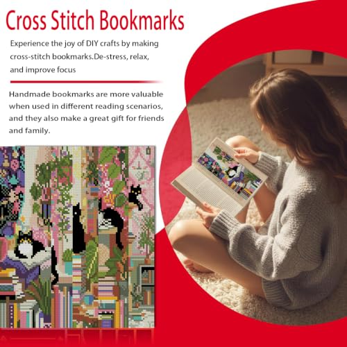 VIGEGU 5 Pcs Cat Book Stamped Cross Stitch Bookmark Kits for Adult Beginner - color: Black Cat Book Bookmark2026 - 3