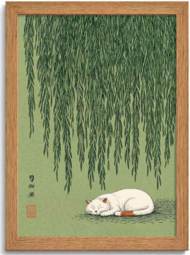 Wood Framed Japanese Vintage Sleeping Cat Wall Art for Bathroom Wall Decor - color: Japanese Cat, size: 16"L x 12"W