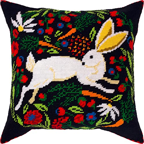 Brvsk Tapestry Embroidery Kit for Adults and Beginners — Hare on Black 16″ × 16″ with Clear, Precise Printed Design on Cotton Canvas; Includes 2 Needles, Yarn, and Easy-Read Chart - color: Hare