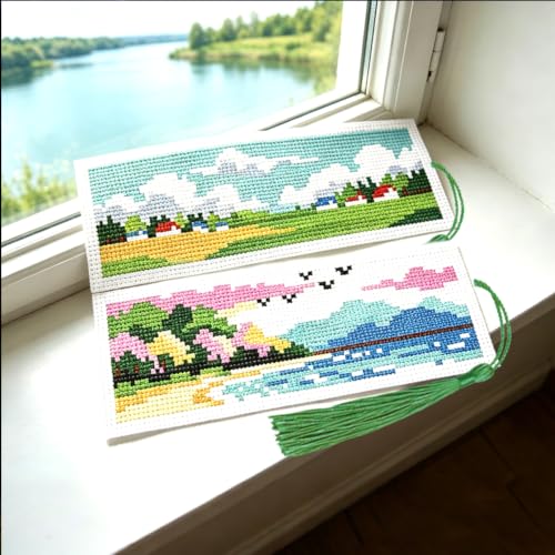 ACRNIGHEET 6PCS Cross Stitch Bookmark Kit for Beginner Stamped Cross Stitch Kits for Adults Horizontal DIY Tassel Embroidery Bookmark Kits Needlepoint Kit with Instructions Craft Gift 8.5''x3'' 11CT - style: Horizontal Scenery with Tassel