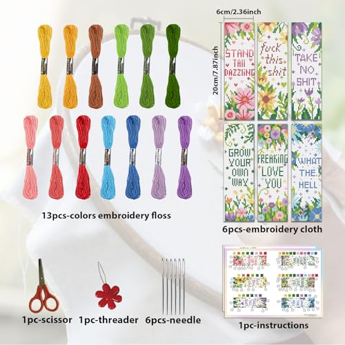 ORIGACH 6 Set Flowers Sayings Cross Stitch Bookmark Kit for Beginner - style: Flowers Sayings